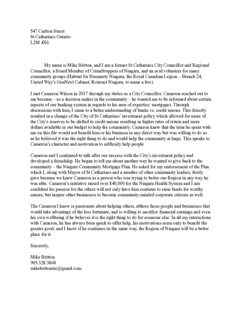 Letter from Regional Councillor Mike Britton supporting Cam Wilson’s community financial initiatives in St. Catharines and Niagara Region