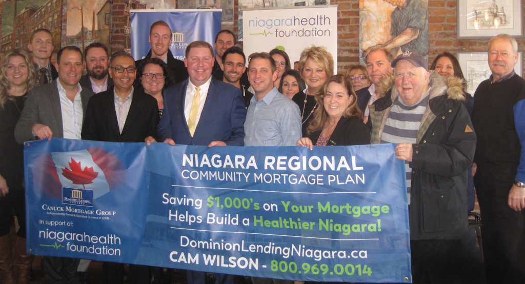Niagara Regional Community Mortgage Plan Cam Wilson and Niagara municipal leaders and Niagara Health Foundation representatives announcing